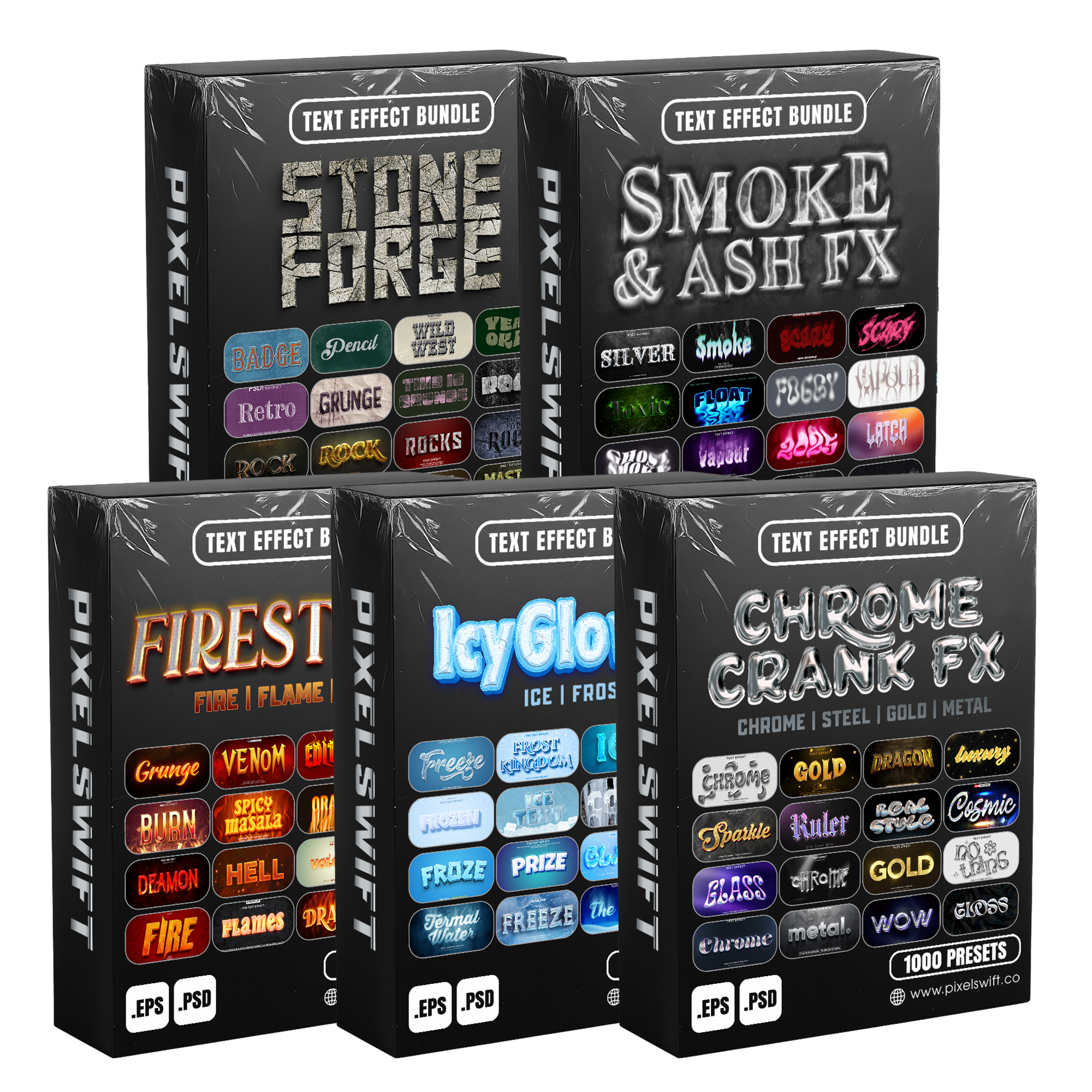 Power FX Pack – 5,000+ Editable Fire, Ice, Chrome, Stone & Smoke Text Effects (PSD + EPS)