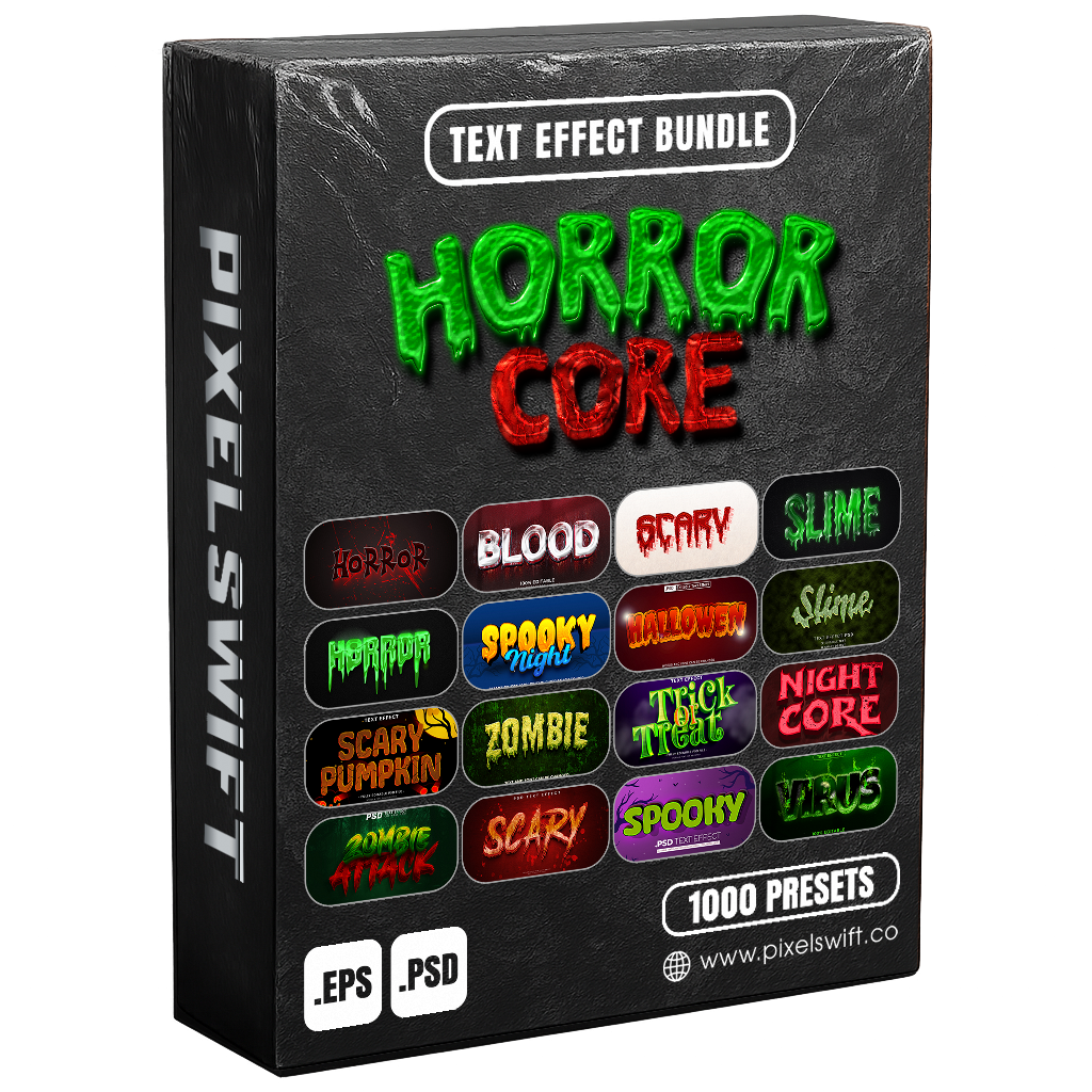 HorrorCore FX – 1000+ Editable Blood, Zombie, & Halloween Text Effects (PSD + EPS)