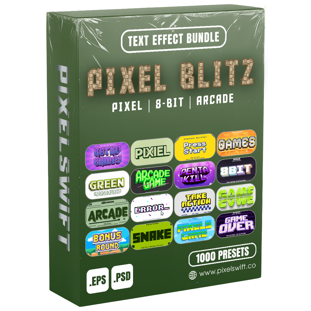 Pixel Blitz FX – 1000+ Editable Pixel, 8-bit, & Arcade Text Effects (PSD + EPS)