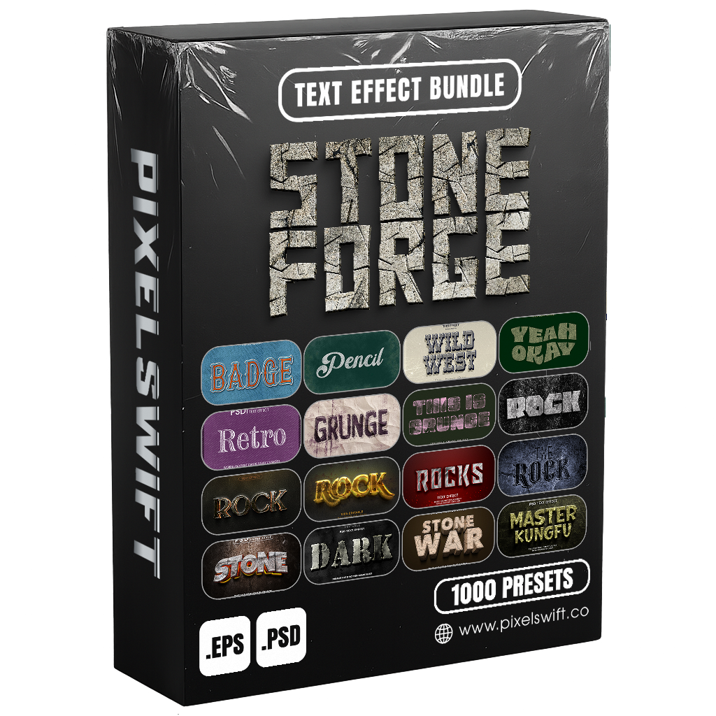StoneForge FX – 1000+ Editable Engraved, Rock, & Stone Text Effects (PSD + EPS)