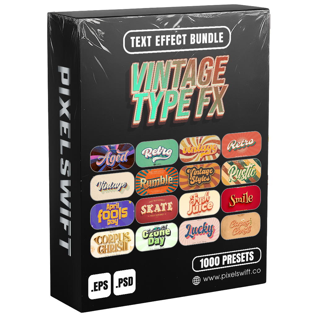 Vintage Type FX – 1000+ Editable Retro, Letterpress, & Typography Text Effects (PSD + EPS)